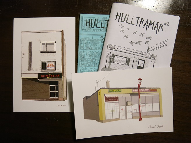 print works by Mathieu Trudel including drawings of mom and pop storefronts in Ottawa and two issues of Hulltramar zine