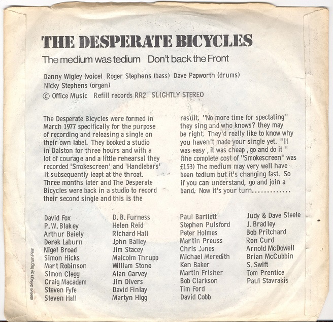 back cover of The Desperate Bicycles' second single